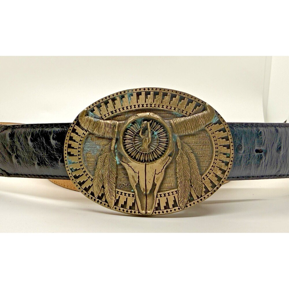 Vintage 1980s Southwestern Bull Belt Buckle Solid Brass Feather Dream Catcher